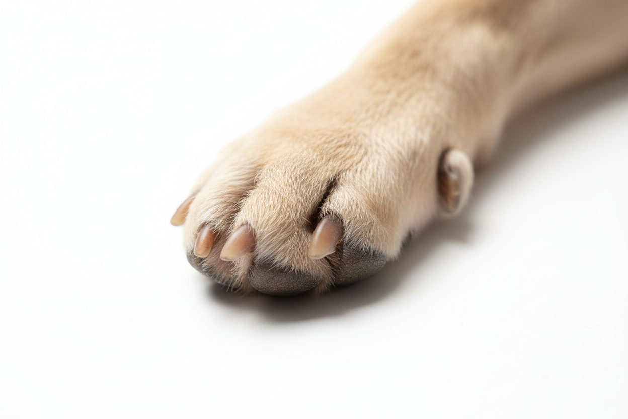 a close-up of a neatly groomed dog paw, isolated on a white background. the paw is clean, with short and even fur around the pads, sharp focus, high resolution, professional studio photography. soft natural lighting, visible detailed texture of the pads, minimalistic style, no accessories, hyperrealistic rendering